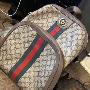 Monogram Brown Backpack with Red and Green Accent